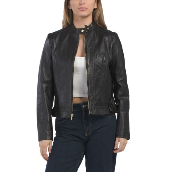 COLE HAAN Black Lambskin Leather Jacket